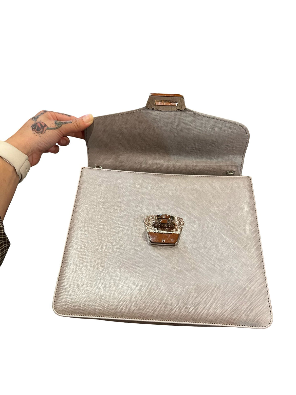 NJ Saffiano Gancini Top Handle Bag Handbag Light Taupe Gold Hardware Nj179