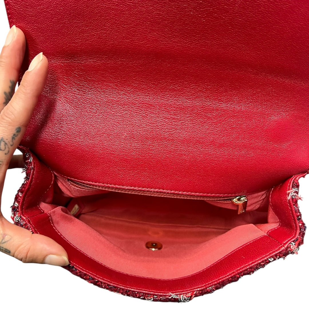 CHANEL Matelasse Leather Tweed 2WAY Chain Shoulder Bag Red Gold Hardware CH2022