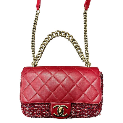 CHANEL Matelasse Leather Tweed 2WAY Chain Shoulder Bag Red Gold Hardware CH2022