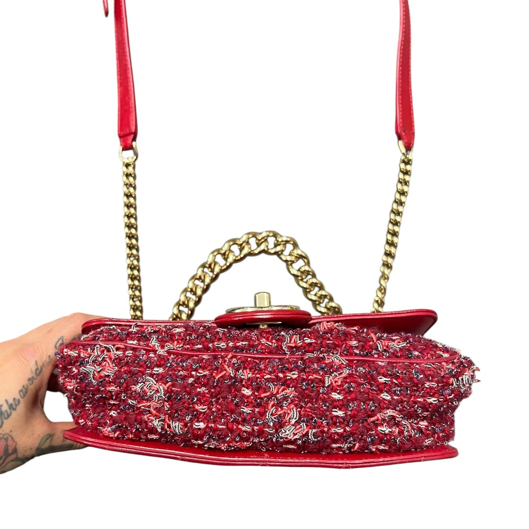 CHANEL Matelasse Leather Tweed 2WAY Chain Shoulder Bag Red Gold Hardware CH2022