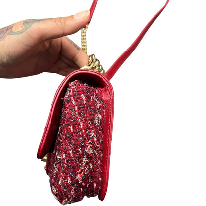 CHANEL Matelasse Leather Tweed 2WAY Chain Shoulder Bag Red Gold Hardware CH2022