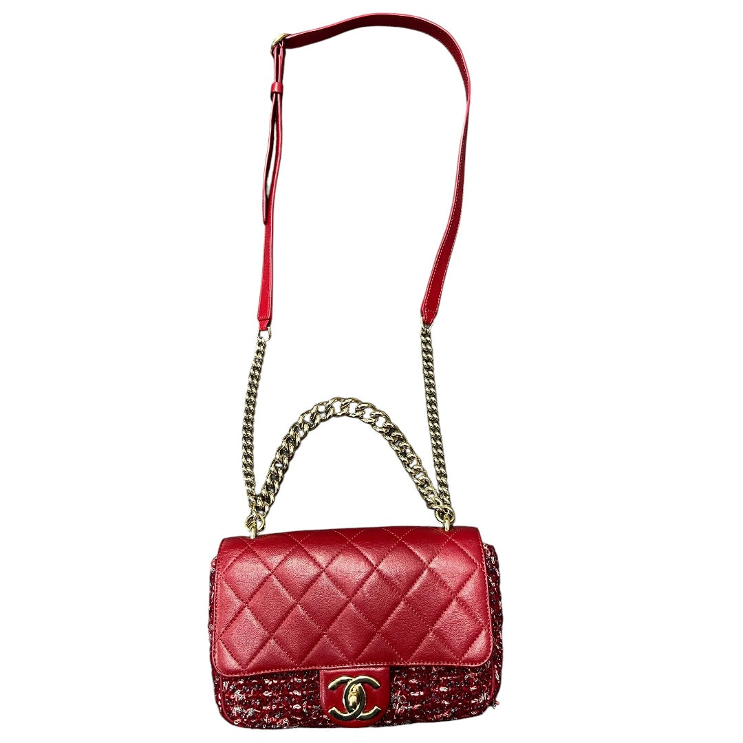 CHANEL Matelasse Leather Tweed 2WAY Chain Shoulder Bag Red Gold Hardware CH2022