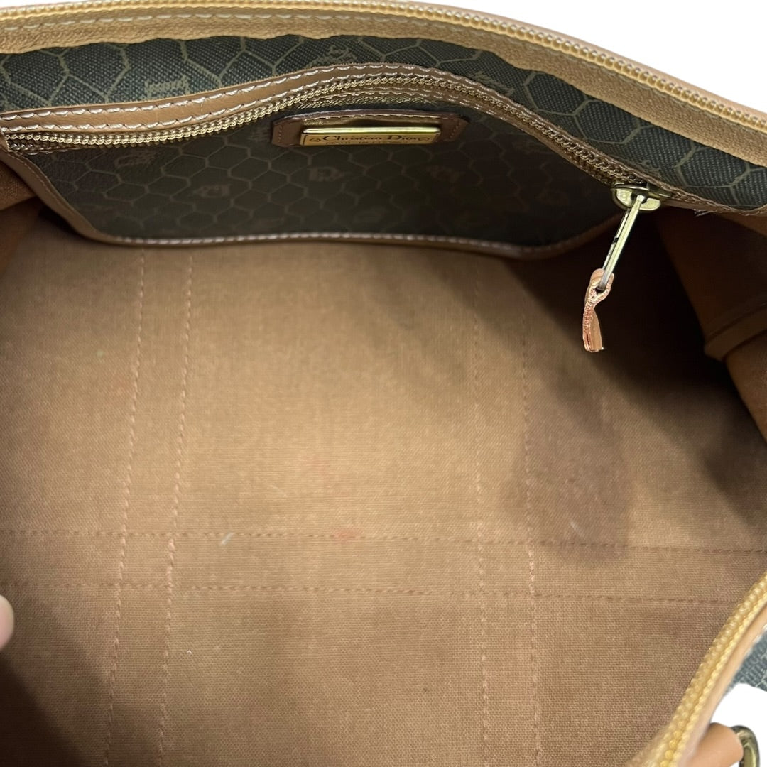 CHRISTIAN DIOR Honeycomb Canvas Boston Bag Handbag Dark Khaki / Brown Gold Hardware Ch2244