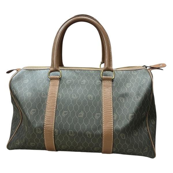 CHRISTIAN DIOR Honeycomb Canvas Boston Bag Handbag Dark Khaki / Brown Gold Hardware Ch2244