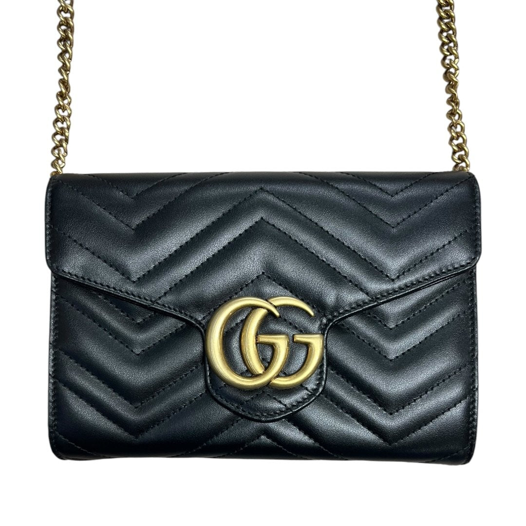 GUCCI Leather GG Marmont Matelassé Chain Wallet Wallet on Chain Black Gold Hardware Gu603