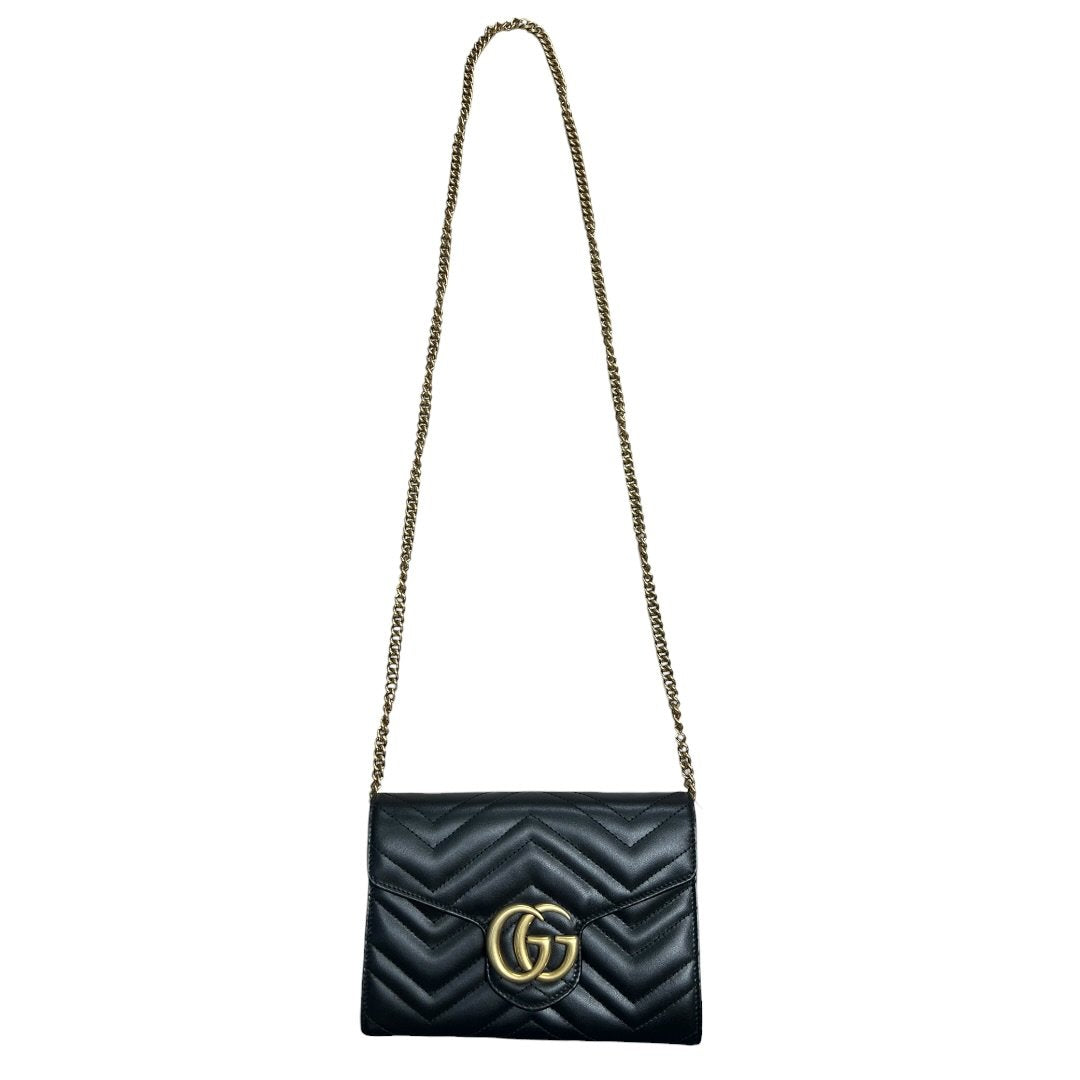 GUCCI Leather GG Marmont Matelassé Chain Wallet Wallet on Chain Black Gold Hardware Gu603