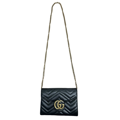 GUCCI Leather GG Marmont Matelassé Chain Wallet Wallet on Chain Black Gold Hardware Gu603