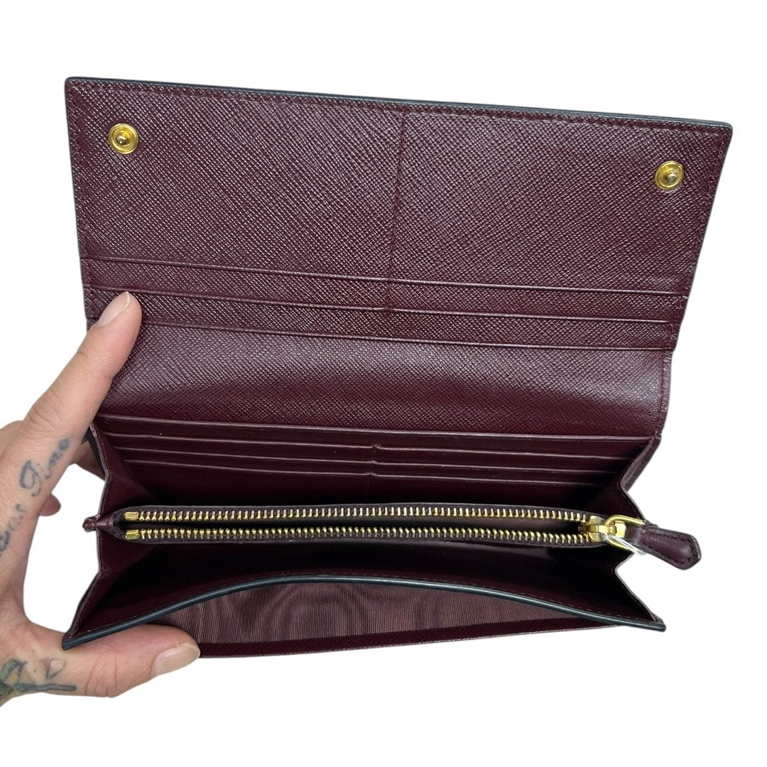 PRADA Saffiano Continental Wallet Wallet Maroon with Pink, Grey, and Black accents Gold Hardware PR174