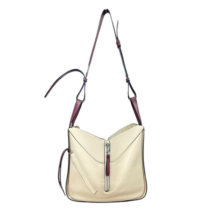 LOEWE Grained Leather Hammock Bag Small Shoulder Bag Cream, Burgundy Silver Hardware LO2380