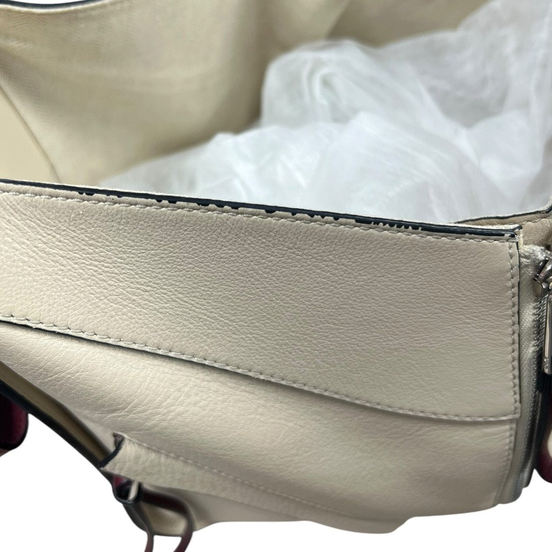 LOEWE Grained Leather Hammock Bag Small Shoulder Bag Cream, Burgundy Silver Hardware LO2380