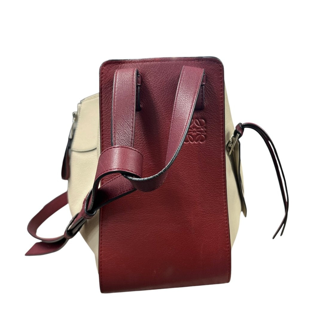 LOEWE Grained Leather Hammock Bag Small Shoulder Bag Cream, Burgundy Silver Hardware LO2380