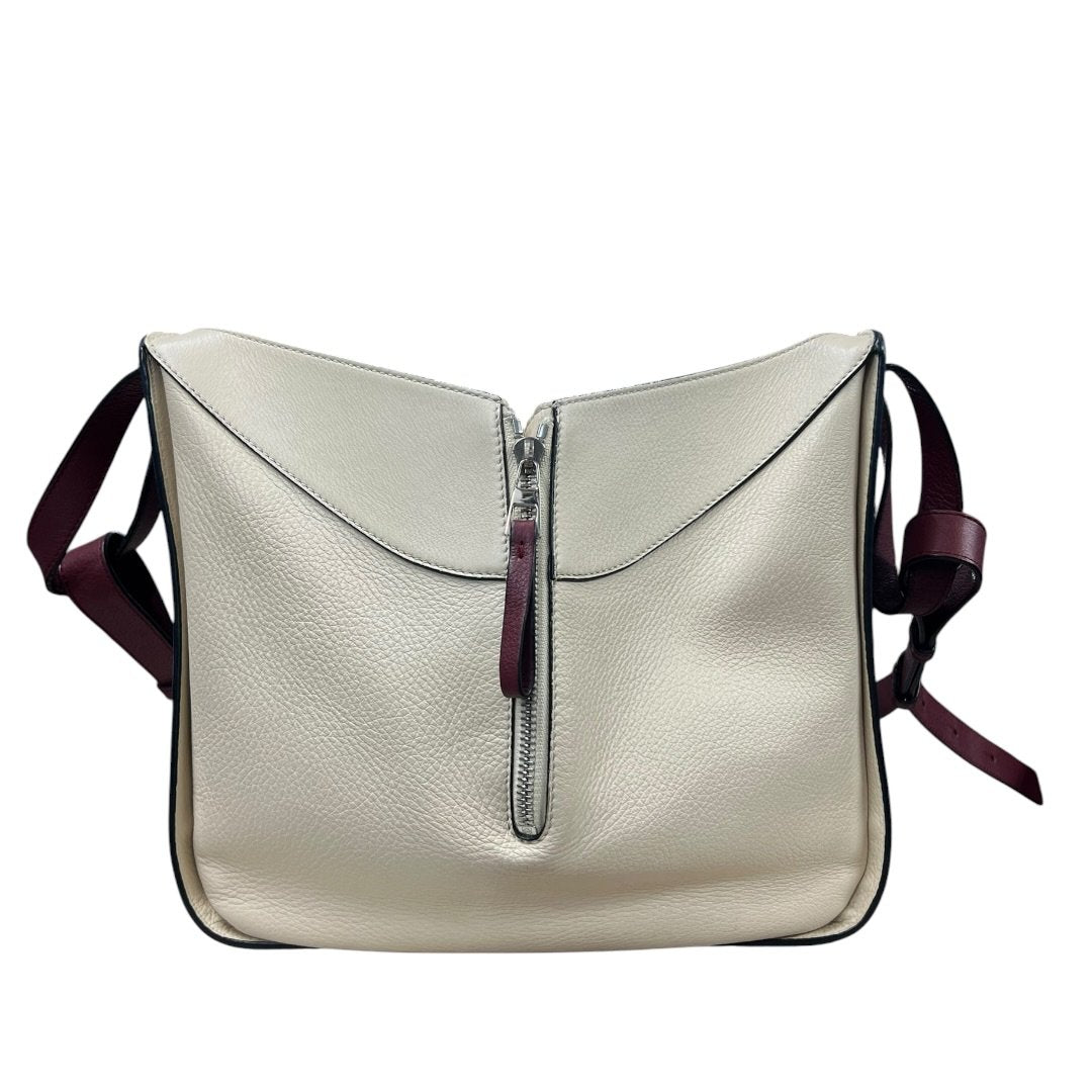 LOEWE Grained Leather Hammock Bag Small Shoulder Bag Cream, Burgundy Silver Hardware LO2380