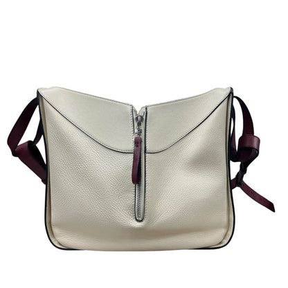 LOEWE Grained Leather Hammock Bag Small Shoulder Bag Cream, Burgundy Silver Hardware LO2380