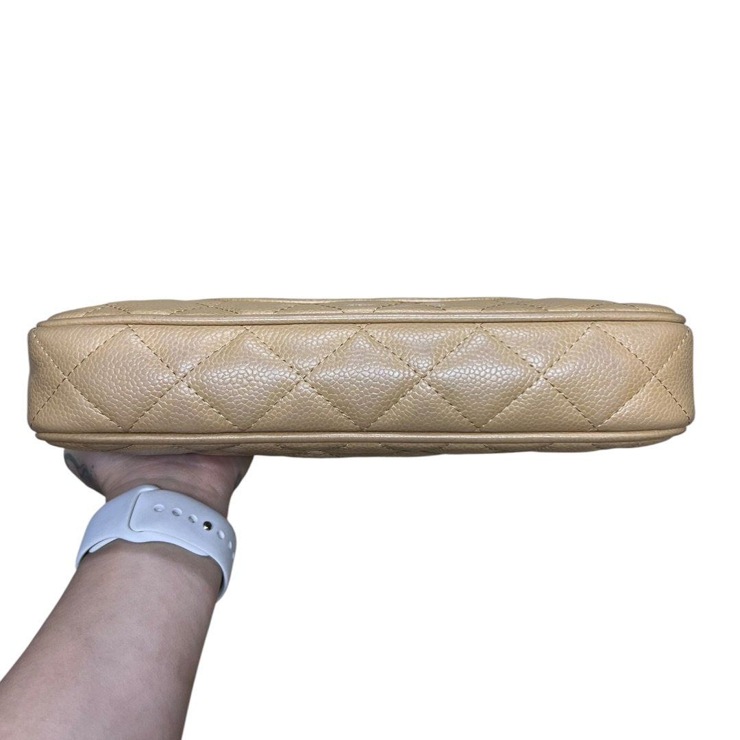 CHANEL Caviar Quilted Camera Case Shoulder Bag Beige Gold Hardware TK53