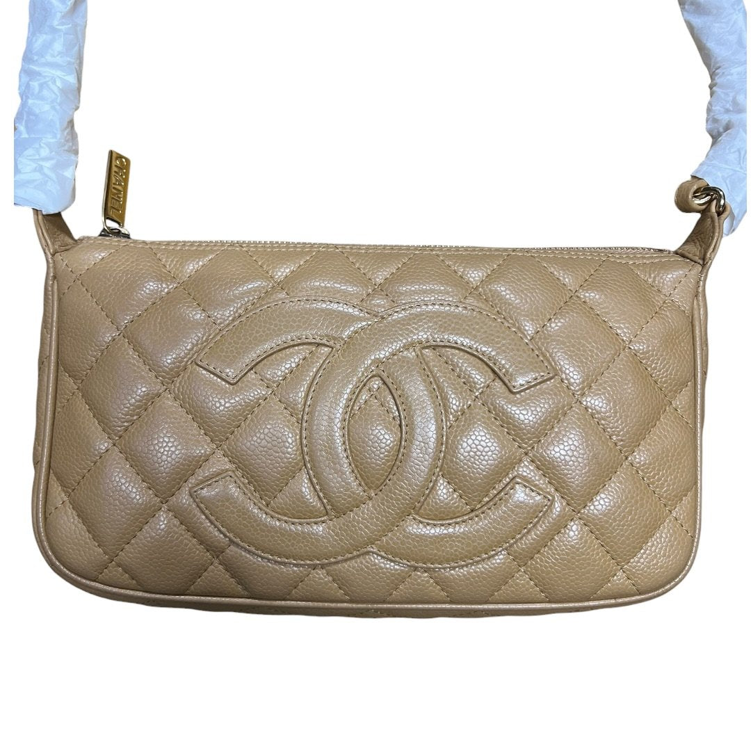 CHANEL Caviar Quilted Camera Case Shoulder Bag Beige Gold Hardware TK53