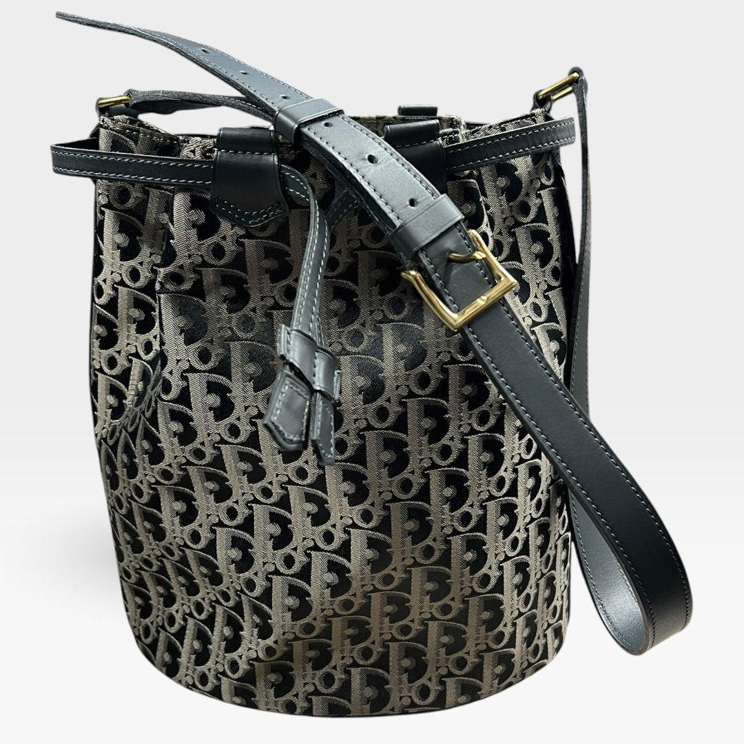 Christian Dior Oblique Canvas Bucket Bag Bucket Bag Black, Beige Gold Hardware Ch2260