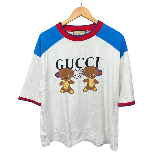 Gucci Cotton Teddy Bear Logo Print Raglan T-shirt White, Blue, Red Gu688
