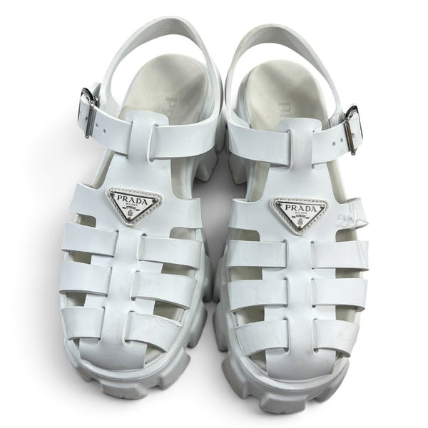PRADA Brushed Leather Monolith Fisherman Sandals White Silver Hardware PR219