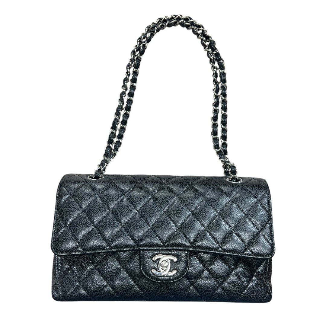 CHANEL Caviar Classic Flap Shoulder Bag Black Silver Hardware CH2263