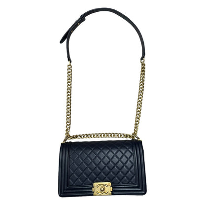 CHANEL Calfskin Boy Bag Shoulder Bag Navy Blue Aged Gold-tone Hardware CH2257
