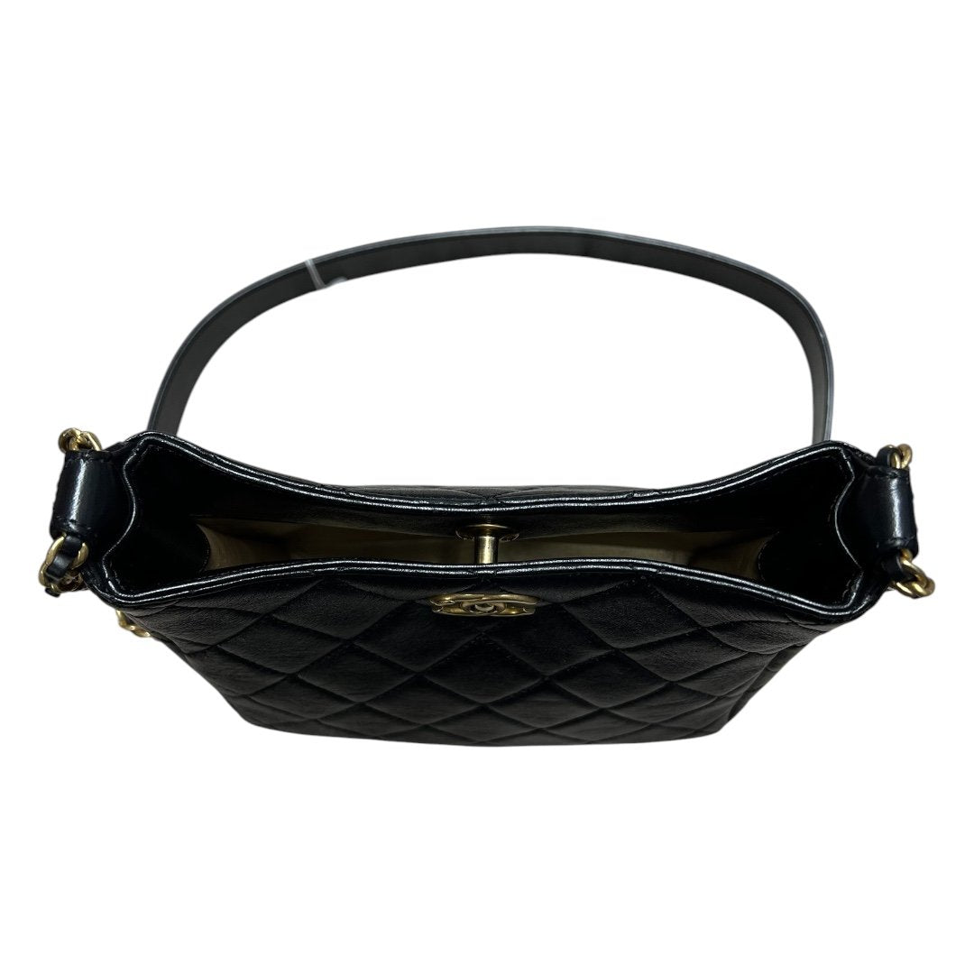 CHANEL Quilted Leather Hobo Bag Shoulder Bag Black Gold Hardware RY3