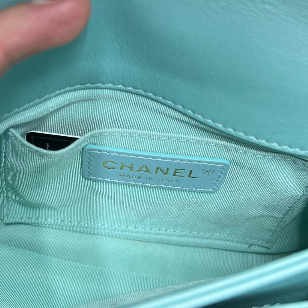 CHANEL Lambskin Small Flap Bag with Top Handle Shoulder Bag Mint Green Gold Hardware RY4