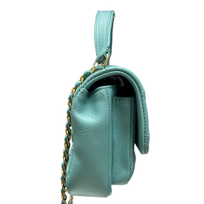 CHANEL Lambskin Small Flap Bag with Top Handle Shoulder Bag Mint Green Gold Hardware RY4
