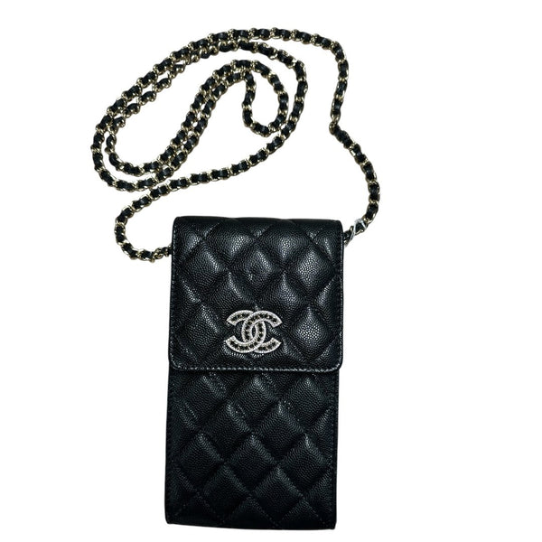 CHANEL Grained Calfskin Phone Holder with Chain Shoulder Bag / Phone Holder Wallet Black Gold Hardware RY7