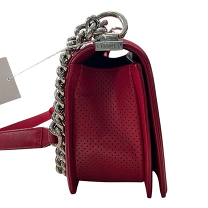 CHANEL Leather Boy Bag Shoulder Bag Red Silver Hardware CH1796A