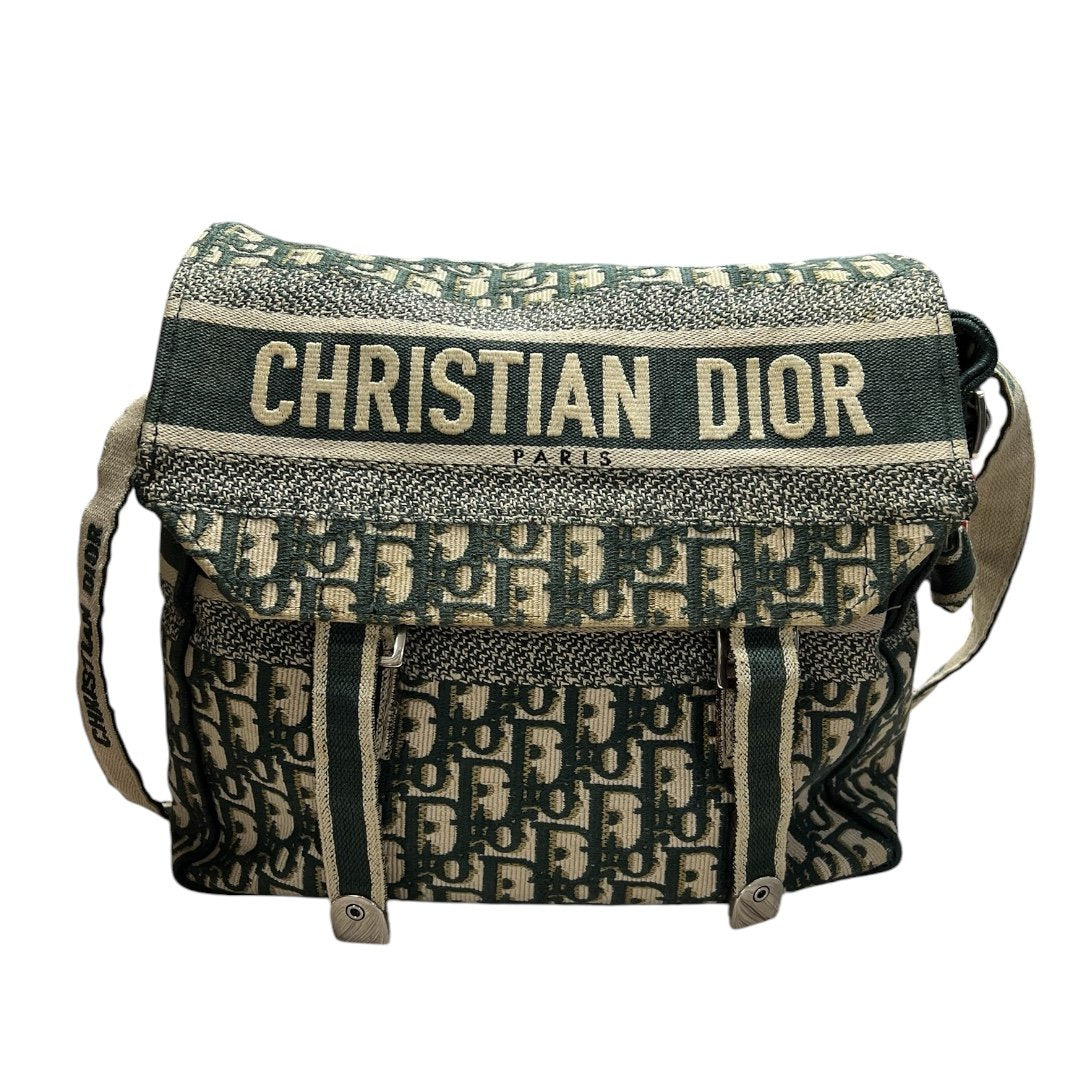 Christian Dior Oblique Canvas Diorcamp Bag Shoulder Bag Green and Beige Silver Hardaware RY1