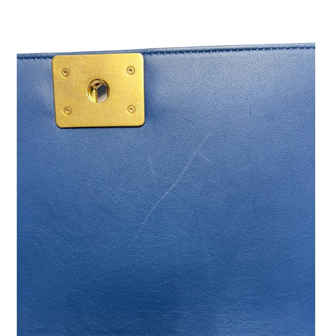 CHANEL Calfskin Boy Bag Shoulder Bag Blue Gold Hardware RY2