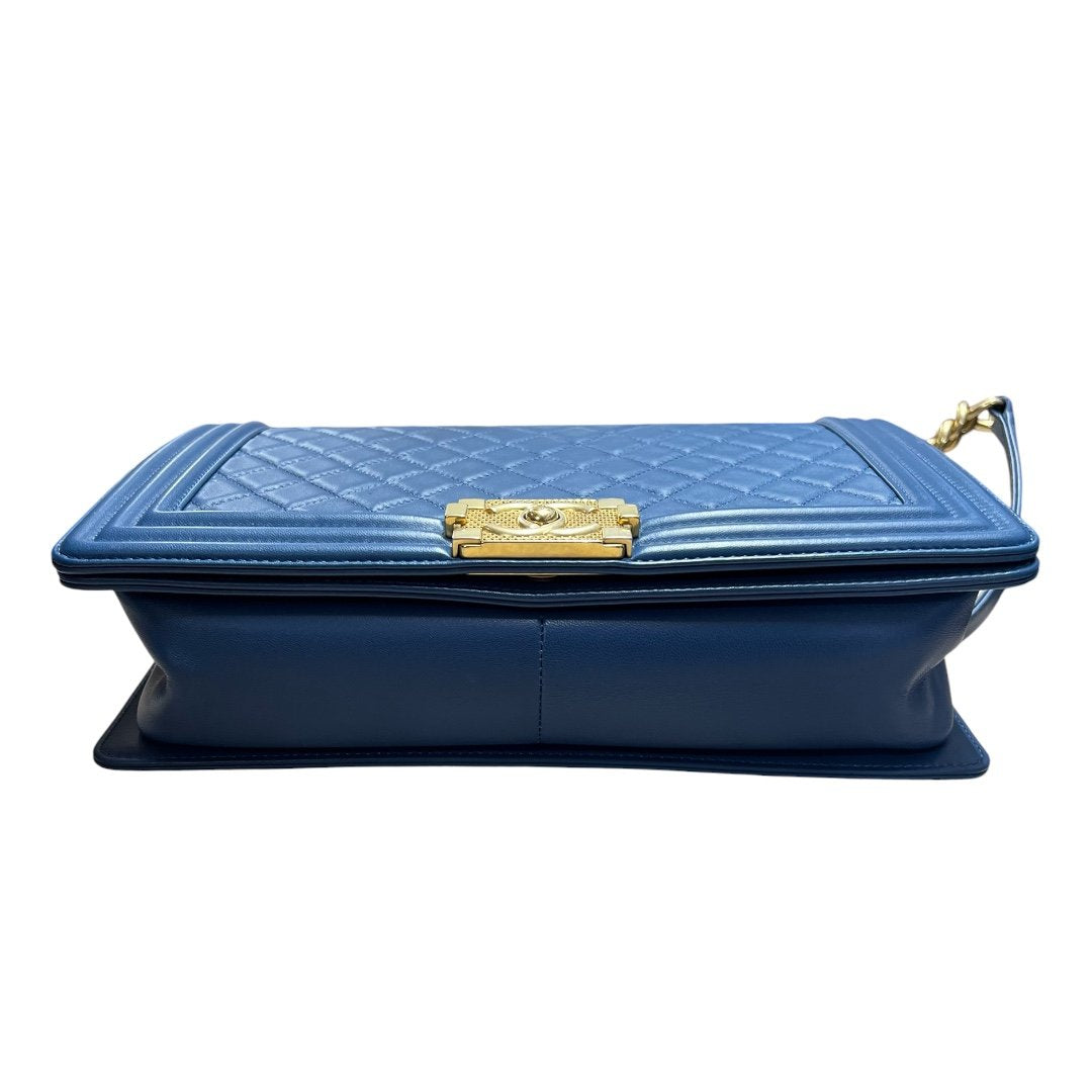 CHANEL Calfskin Boy Bag Shoulder Bag Blue Gold Hardware RY2