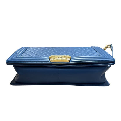 CHANEL Calfskin Boy Bag Shoulder Bag Blue Gold Hardware RY2
