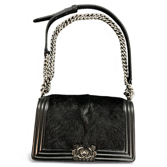 CHANEL Black Leather and Fur Chain Shoulder Bag CH1730