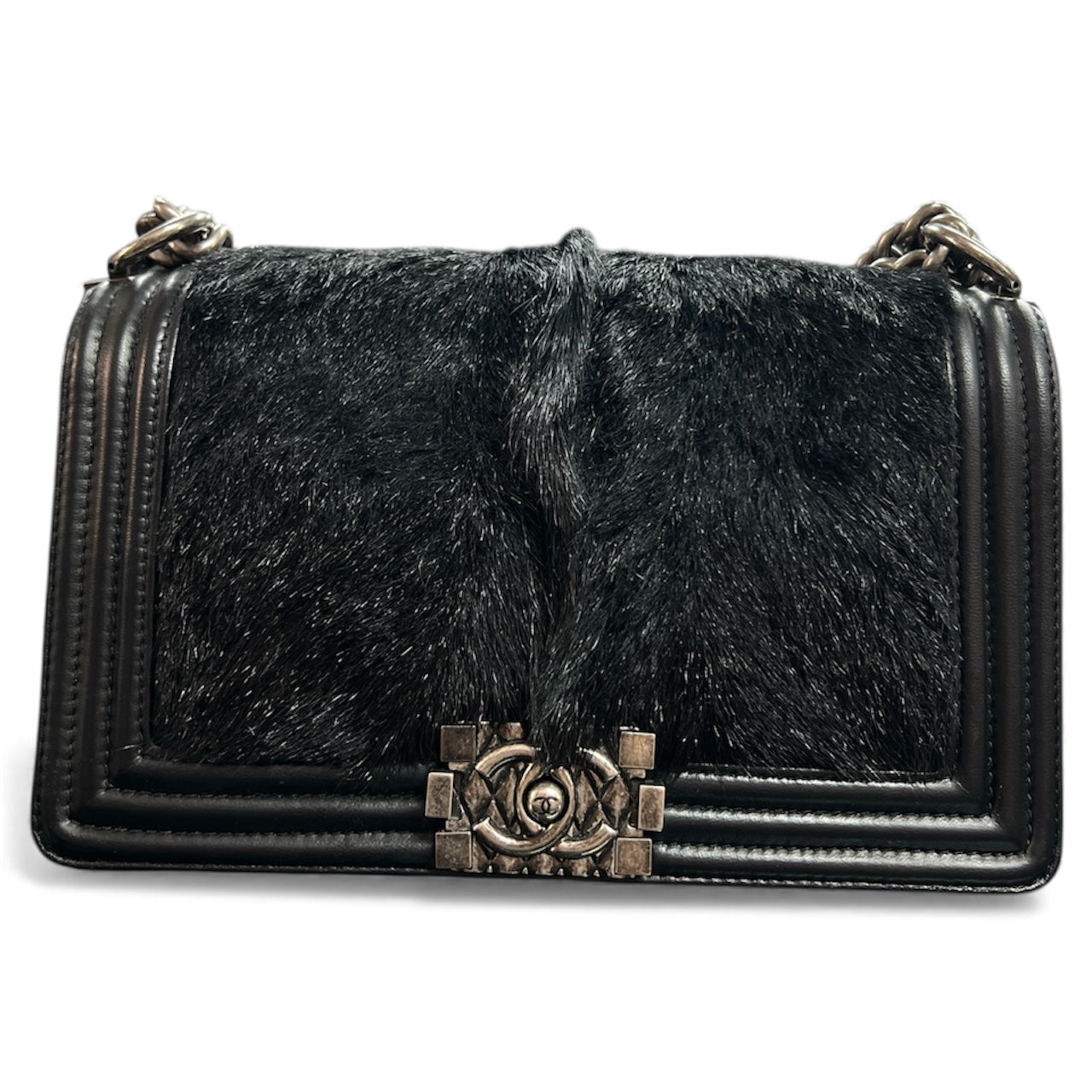 CHANEL Black Leather and Fur Chain Shoulder Bag CH1730