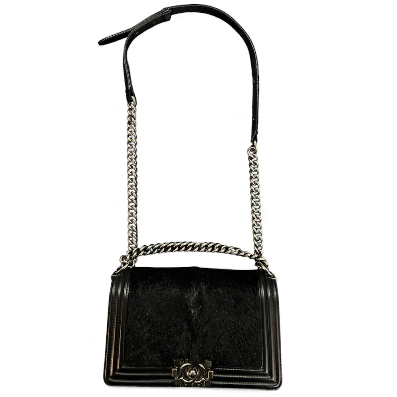 CHANEL Black Leather and Fur Chain Shoulder Bag CH1730