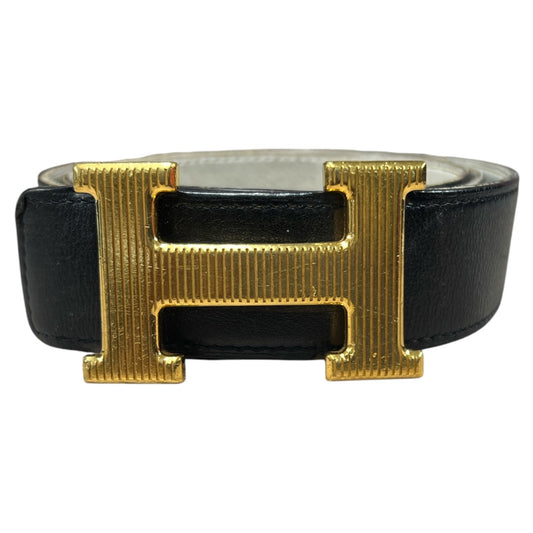 HERMES Constance H Buckle Leather Belt Black Gold  HE432