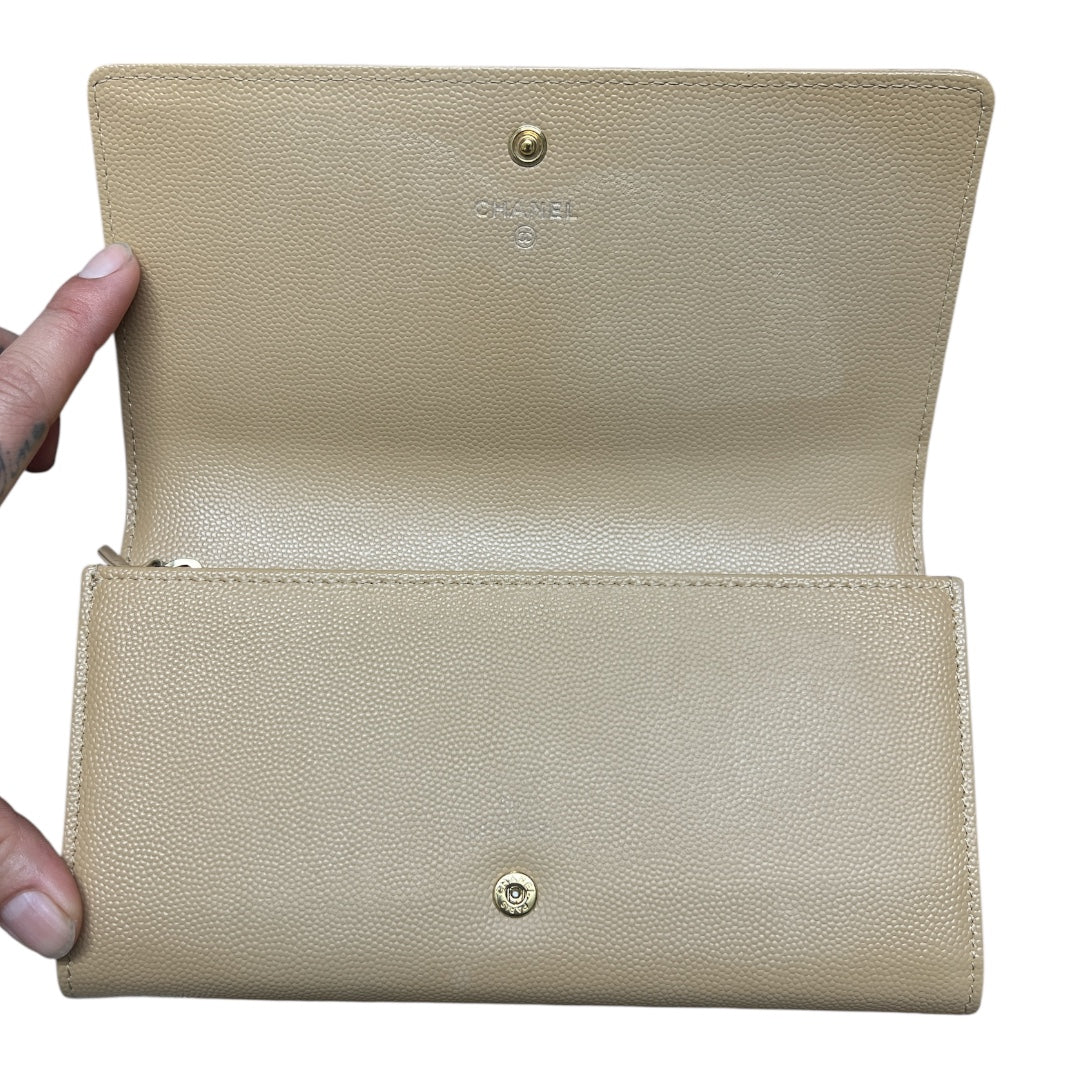 CHANEL Deauville Stud Logo Round Zip Long Wallet Caviar Skin Beige  CH2066