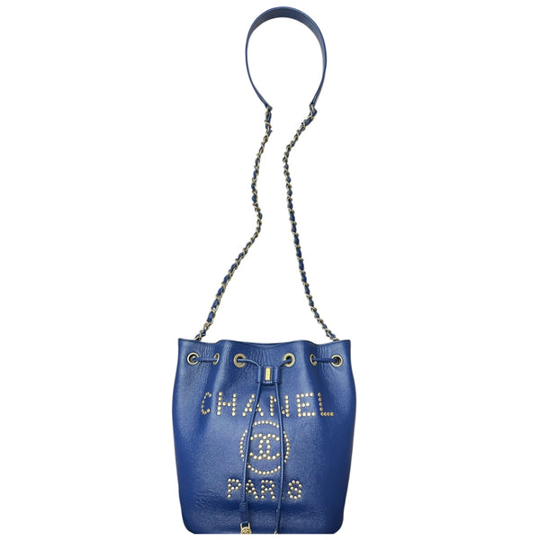CHANEL Stud Logo Drawstring Bucket Bag Double Chain Blue CH2090