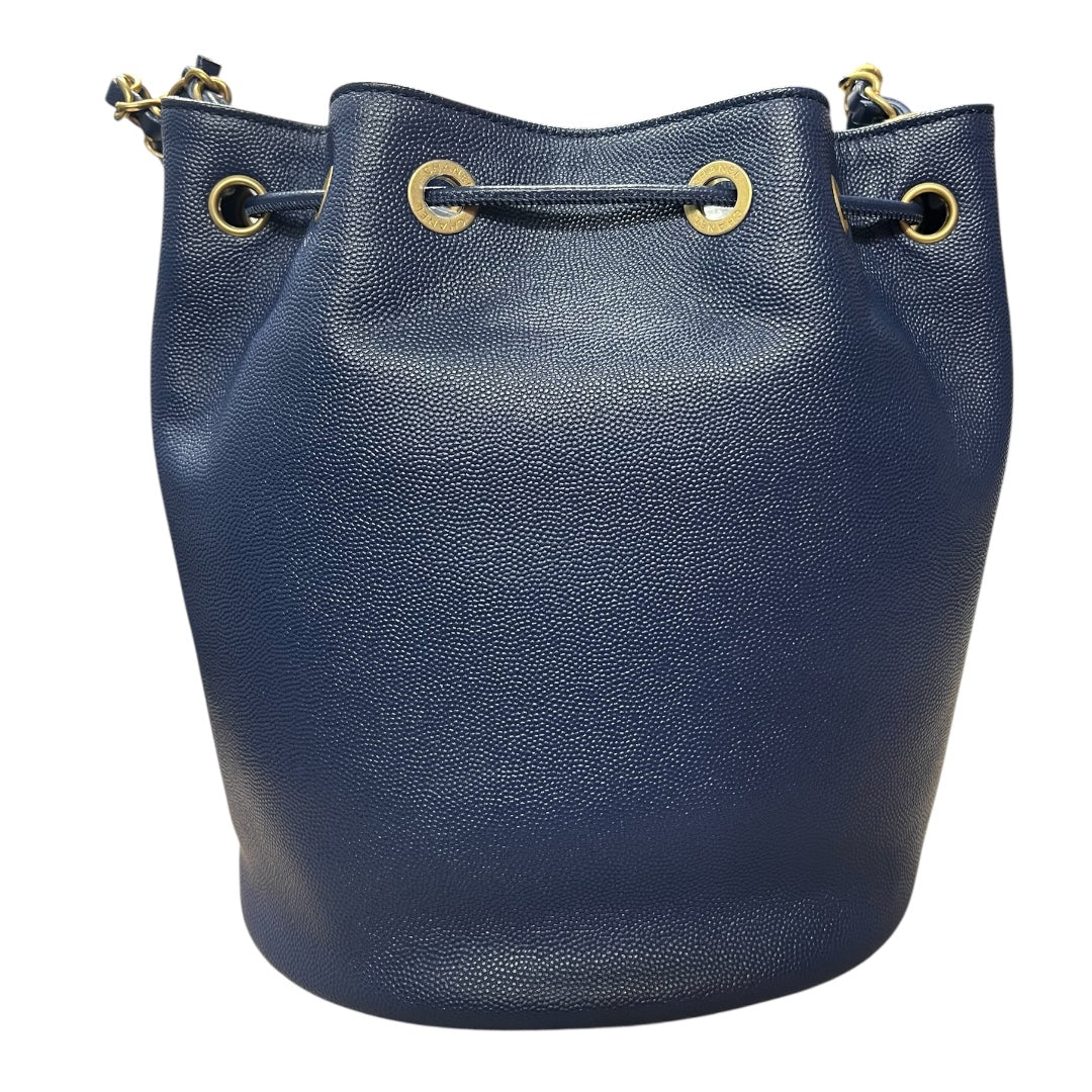 CHANEL Stud Logo Drawstring Bucket Bag Double Chain Blue CH2090
