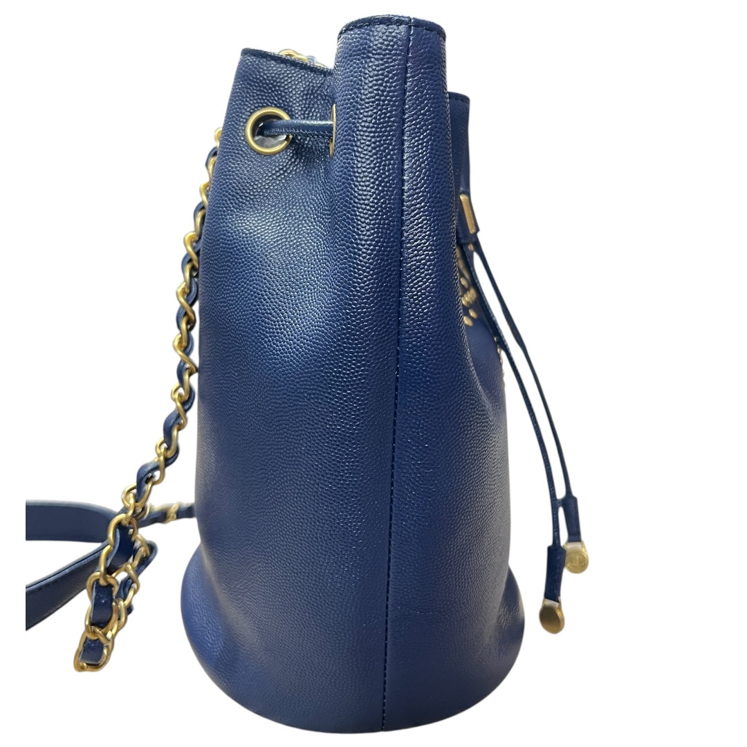 CHANEL Stud Logo Drawstring Bucket Bag Double Chain Blue CH2090