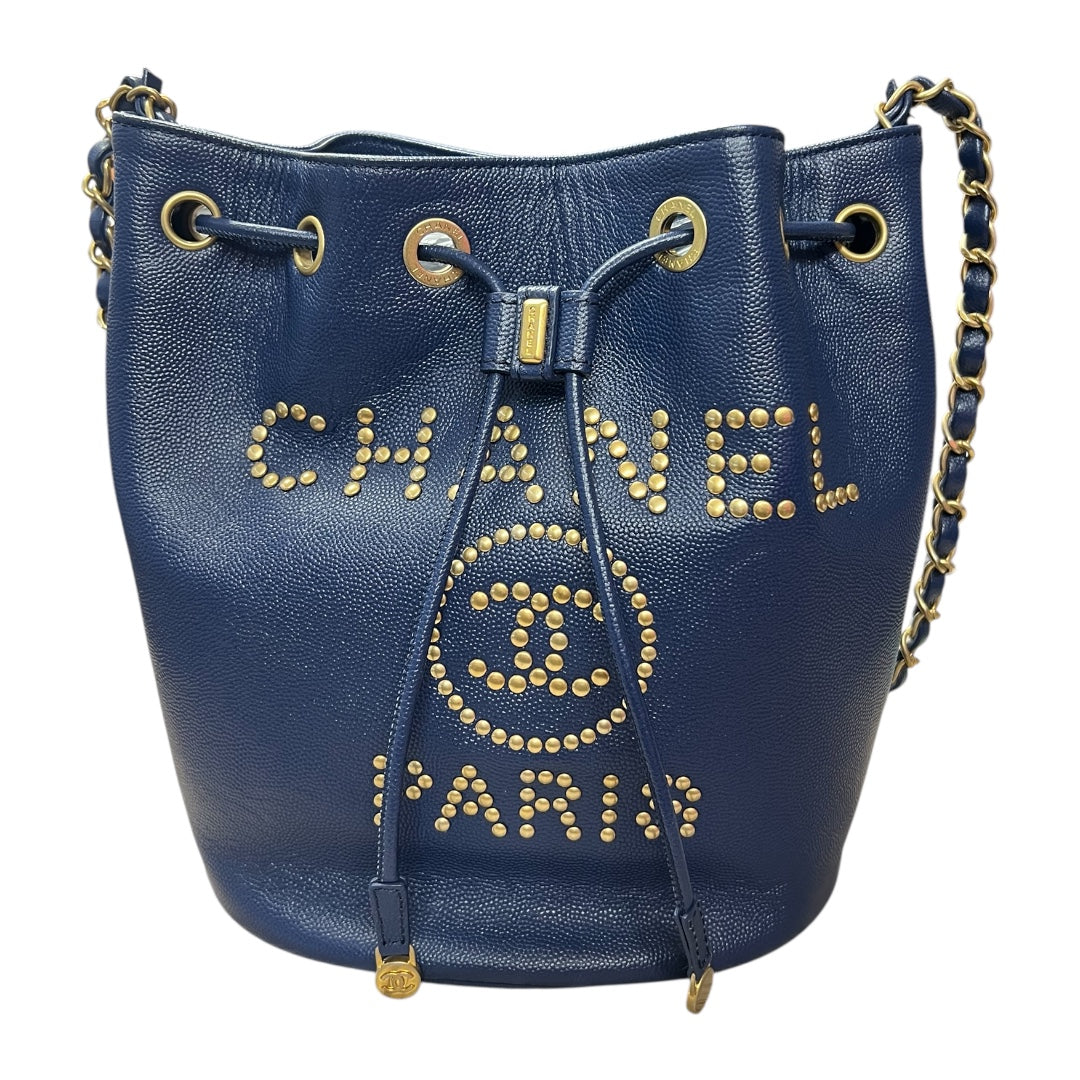 CHANEL Stud Logo Drawstring Bucket Bag Double Chain Blue CH2090