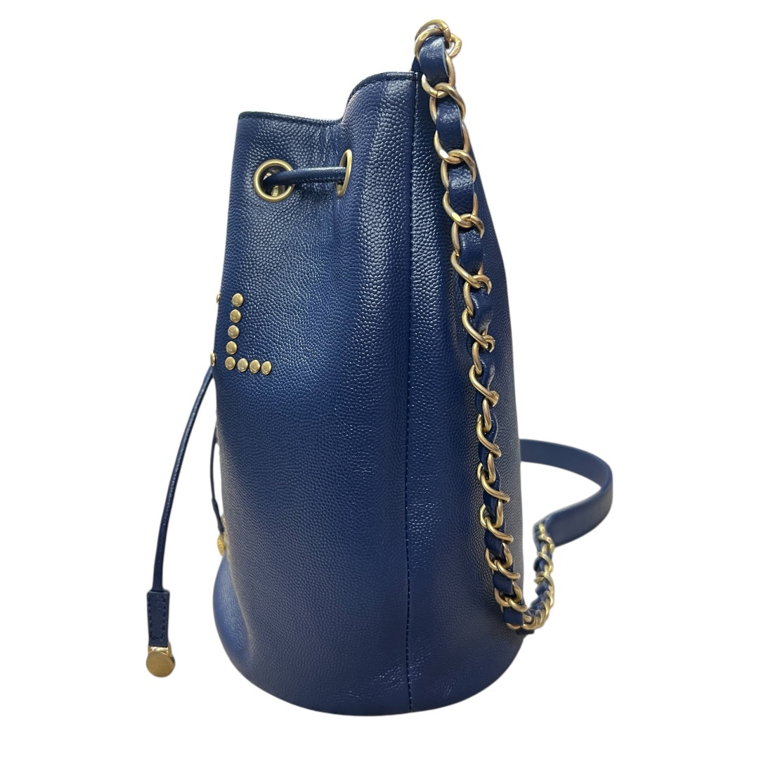 CHANEL Stud Logo Drawstring Bucket Bag Double Chain Blue CH2090