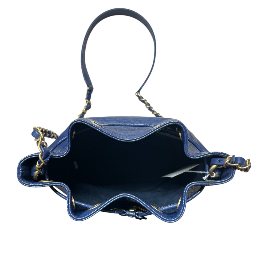 CHANEL Stud Logo Drawstring Bucket Bag Double Chain Blue CH2090