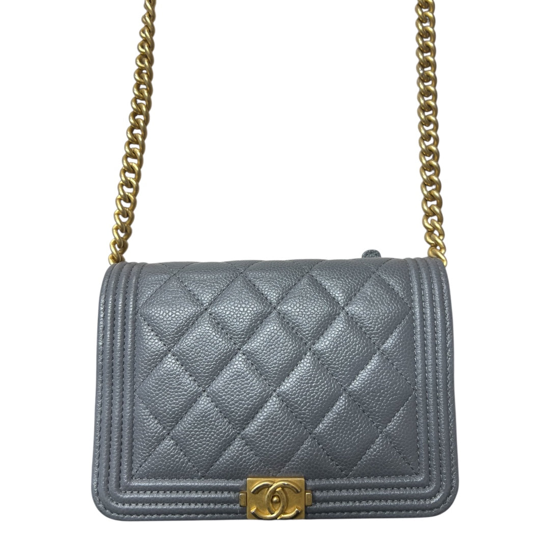 CHANEL Boy Chanel Mini Matelasse Chain Shoulder Bag Caviar Skin Gray  CH2093