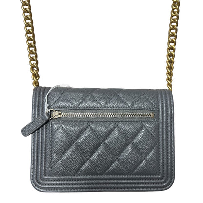 CHANEL Boy Chanel Mini Matelasse Chain Shoulder Bag Caviar Skin Gray  CH2093