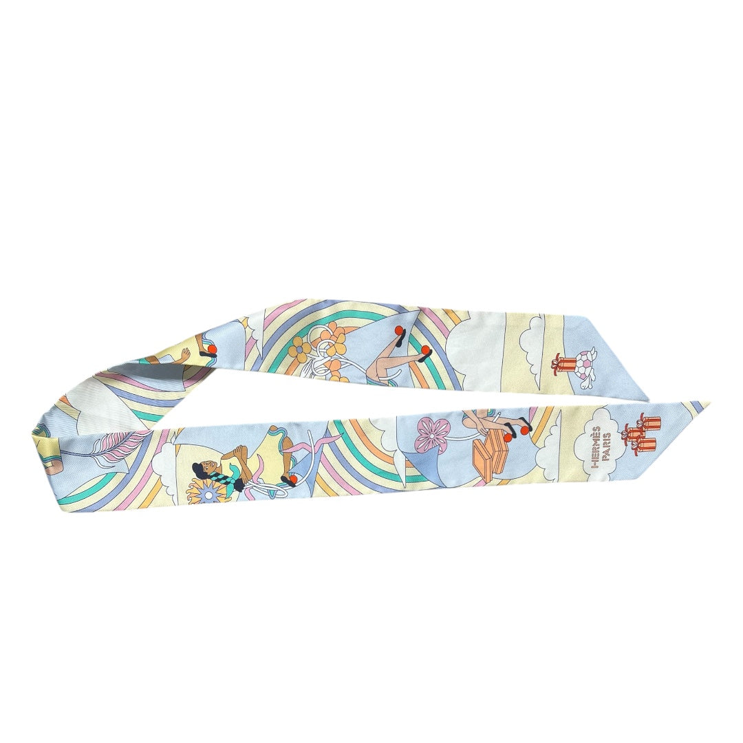 HERMES Twilly Carres Volants Silk Scarf Cream Blue Multicolor  HE437