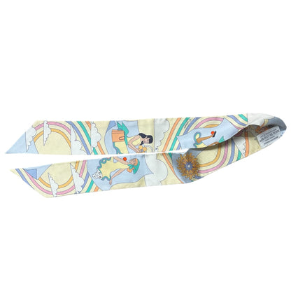 HERMES Twilly Carres Volants Silk Scarf Cream Blue Multicolor  HE437