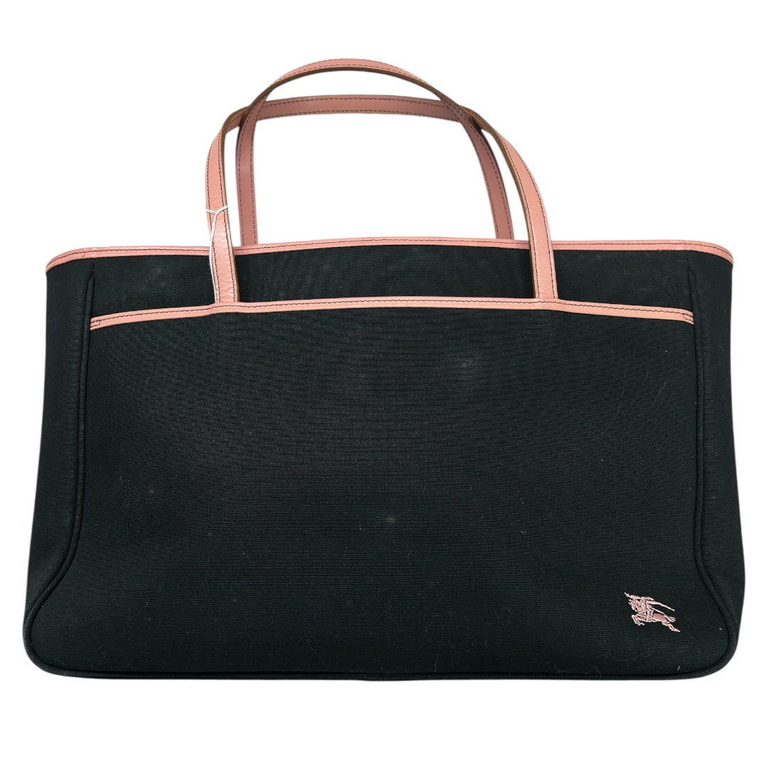 BURBERRY Horse Logo Canvas Tote Bag Black Pink Trim Handbag BU1215