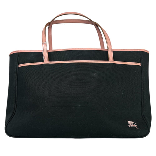 BURBERRY Horse Logo Canvas Tote Bag Black Pink Trim Handbag BU1215
